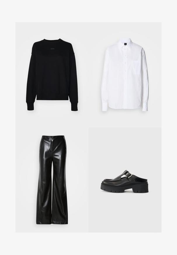 Sort sweatshirt lavet af en blanding af bomuld, med lange ærmer, en rund halsudskæring og et diskret logo i midten. Boxy pasform med ribbestrikkede manchetter.; Hvid skjorte med knapper lavet af bomuld, med klassisk krave, lange ærmer, en brystlomme og en glat, sprød tekstur.; Sorte læder bukser med bred ben, glat tekstur, høj talje og skjult lynlås foran. Skræddersyet pasform med en ren finish.; Sorte læder chunky clogs med en bred rem, spænde detaljer og tekstureret sål med tykke riller. Slank og minimalistisk design.