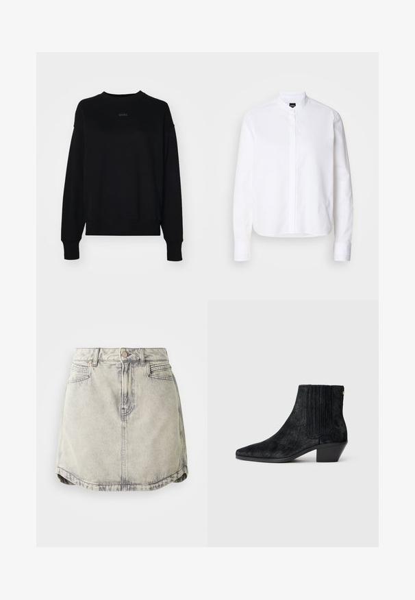 Sort sweatshirt lavet af en blanding af bomuld, med lange ærmer, en rund halsudskæring og et diskret logo i midten. Boxy pasform med ribbestrikkede manchetter.; Hvid skjorte med krave, front placket, lange ærmer og knapmanchetter. Lavet af glat bomuldsstof med en struktureret pasform.; Denim nederdel i lys grå med en falmet tekstur, der har en knappet talje, forlommer og en let buet sømdesign.; Sort ankelstøvle med spidse tæer, tekstureret håragtigt materiale, ribbet sidepanel og en lav, firkantet hæl. Simpelt og moderne design.