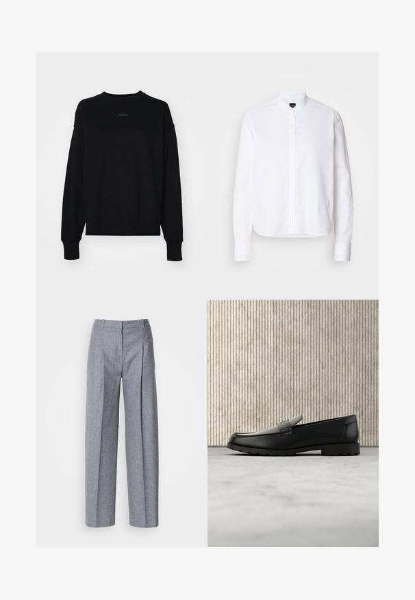 Sort sweatshirt lavet af en blanding af bomuld, med lange ærmer, en rund halsudskæring og et diskret logo i midten. Boxy pasform med ribbestrikkede manchetter.; Hvid skjorte med krave, front placket, lange ærmer og knapmanchetter. Lavet af glat bomuldsstof med en struktureret pasform.; Lys grå bredbenede bukser i et struktureret stof, med plisseringer foran og en skræddersyet talje. Minimalistisk design, ingen synlig hardware.; Sorte læder loafers med en hævet søm, guld accentlogo og tekstureret rem. Har en tykk, holdbar gummisål.