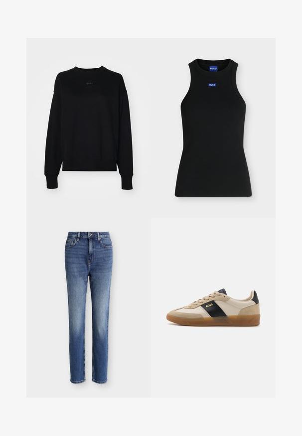 Sort sweatshirt lavet af en blanding af bomuld, med lange ærmer, en rund halsudskæring og et diskret logo i midten. Boxy pasform med ribbestrikkede manchetter.; Sort ærmeløs tanktop med rund hals og lille blåt Hugo-logo på brystet og indersiden af kraven.; Mellemblå højtaljede straight-leg jeans med forlommer, bæltestropper, knappelukning og subtile falmede detaljer på lår og knæ.; BOSS BRENTA - Sneakers - medium beige