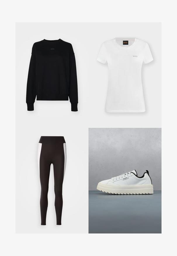 Must on puuvillasegust valmistatud must sweatshirt, millel on pikad varrukad, ümmargune kaelus ja keskel peene logo. Kastikujuline sobivus ja ribaga mansetid.; Valge lühikeste varrukatega ümar kaelusega T-särk, millel on vasakul rinnal väike kuldne „BOSS“ logo ja krae sees must silt oranži „BOSS“ tekstiga.; Mustad mustad, laia vöökoha äärisega, valgete külgpaneelide aktsentidega. Valmistatud venivast kangast, millel on sile tekstuur ja sobiv lõike.; Valge nahast tennisekeng, millel on volüümikas, tekstureeritud tald, millel on sakilise kujundusega. Mustad aktsendid kanna ja keele osas lisavad kontrasti.
