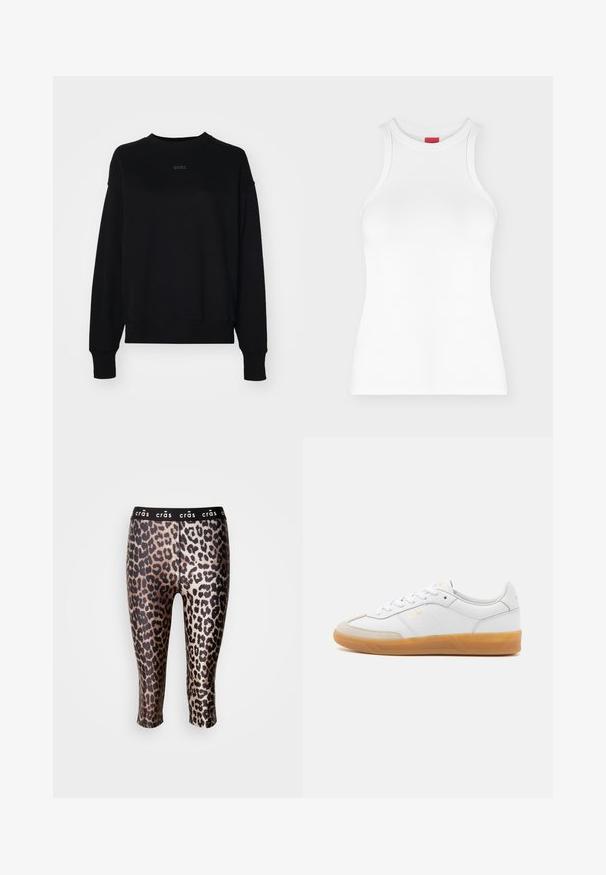 Must on puuvillasegust valmistatud must sweatshirt, millel on pikad varrukad, ümmargune kaelus ja keskel peene logo. Kastikujuline sobivus ja ribaga mansetid.; Valge varrukateta soonikkoes tanktop, kõrge ümara kaelusega ja kehakujuline, kujutatud lihtsal heledal taustal.; Lühikesed retuusid venivast kangast, musta ja kuldse leoprindiga, musta elastse vöökoha otsas.; Valge nahast tenniseking, millel on beeži luksusliku sameti detailid, kummi kummist tald ja seotud disain. Esitleb diskreetset kuldset brändimist.