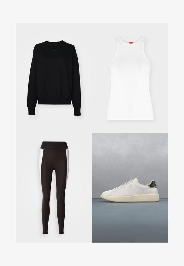 Sort sweatshirt lavet af en blanding af bomuld, med lange ærmer, en rund halsudskæring og et diskret logo i midten. Boxy pasform med ribbestrikkede manchetter.; Hvid ærmeløs ribbet tanktop med høj rund hals og tætsiddende pasform vist på en ensartet lys baggrund.; Sorte leggings med bred talje, med hvide sideløsninger. Lavet af strækbart stof med en glat tekstur og en tætsiddende pasform.; Hvide sneakers med en glat læderoverdel, har en tan- og sort læderhælbrik, runde snørebånd og en kraftig beige gummisål. Guld logo detaljer.