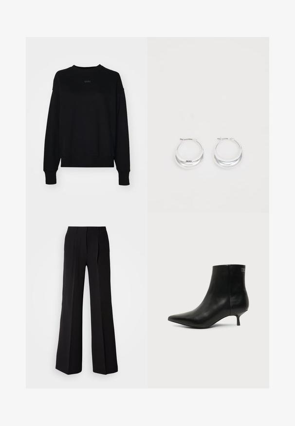 Sweatshirt noir en mélange de coton, avec des manches longues, un col rond et un logo discret au centre. Coupe ample avec des poignets côtelés.; Pantalons noirs en tissu lisse, avec une taille haute, une coupe évasée et deux plis sur le devant pour un détail de conception supplémentaire.; Bottine en cuir noir avec bout pointu et petit talon kitten sur fond clair, vue côté extérieur.; Boucles d'oreilles en argent avec une finition polie et un branding DKNY, présentées sur un fond blanc uni.