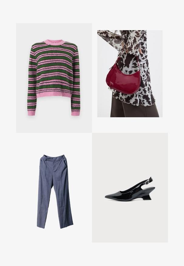 Stripet trøje med nuancer af pink og grøn, lavet af blødt materiale, med rund halsudskæring og ribbede manchetter for tekstur.; Navyblå stribede bukser med afslappet pasform, elastisk talje, sidelommer og glat, let stof.; Sort laklæder slingback sko med spids tå og lav vinklet blokhæl på ensartet lys baggrund.; Kvinde iført en sort- og hvidmønstret bluse, der holder en blank rød skuldertaske mod en ensfarvet baggrund.