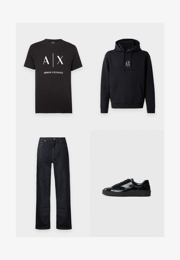 Haut à capuche noir en mélange de coton doux, avec une poche frontale, un capuchon à cordon de serrage et un petit logo sur la poitrine. Design simple et décontracté.; T-shirt en coton noir avec les initiales "A|X" et "ARMANI EXCHANGE" imprimées en blanc. Col rond avec manches courtes.; Jean en denim bleu foncé avec un design à jambe droite, cinq poches et des détails de surpiqûre orange. Fermeture à bouton en métal et zip.; Baskets en cuir verni noir avec un bout arrondi, un laçage, une semelle en caoutchouc texturé et une finition lisse.