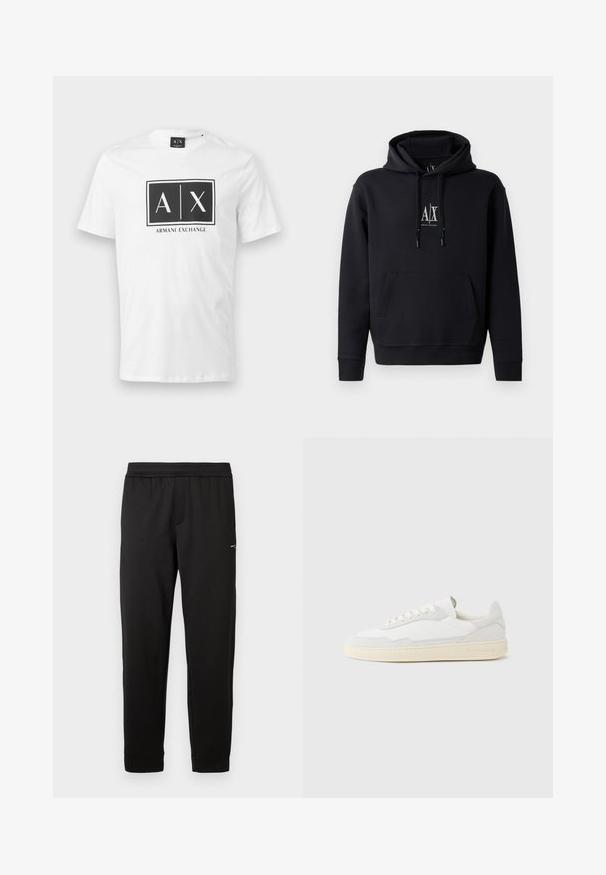 Haut à capuche noir en mélange de coton doux, avec une poche frontale, un capuchon à cordon de serrage et un petit logo sur la poitrine. Design simple et décontracté.; T-shirt blanc à manches courtes avec un logo rectangulaire noir Armani Exchange comportant le texte "A | X" centré sur la poitrine.; Pantalon de sport noir en tissu doux. Taille élastique et poignets élastiques. Présente un petit logo sur le côté. Coupe droite.; Baskets blanches avec dessus en daim et cuir texturé. Caractérisées par un bout arrondi, une fermeture à lacets et une semelle en caoutchouc beige contrastante.