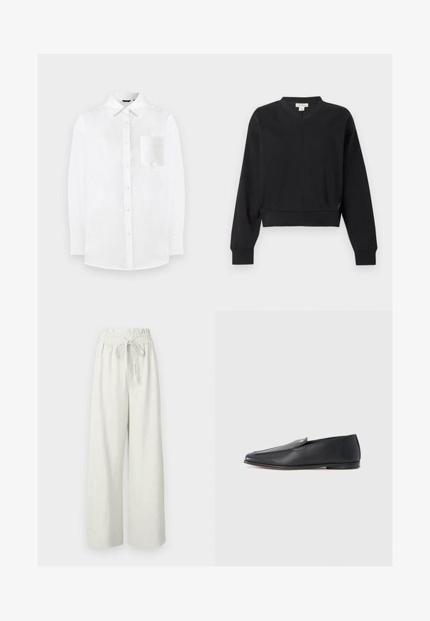 Sweat-shirt noir court avec un col en V, des manches longues, des poignets côtelés et une couture plate à l'avant et à l'arrière. Matière douce.; Chemise blanche à boutons, fabriquée dans un tissu léger. Elle possède un col classique, des manches longues et une poche plaquée sur la poitrine avec une texture lisse.; Pantalon blanc taille haute à jambes larges avec taille élastique et cordon, en tissu léger.; Mocassins en cuir noir à texture lisse, bout arrondi et détails de couture subtils. Ils présentent un accent logo doré sur le côté supérieur.