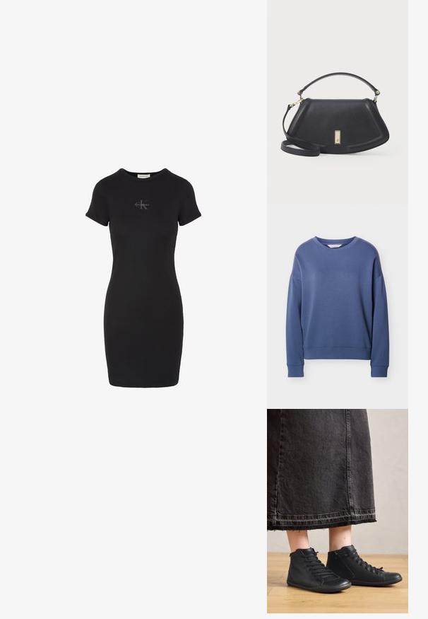 Blauwe lange mouwen trui met ronde hals en geribbelde boorden aan mouwen en zoom, afgebeeld op een effen lichtgrijze achtergrond.; Zwarte, nauwsluitende jurk met korte mouwen en een ronde halslijn met klein reliëf Calvin Klein-logo op de borst.; Zwarte leren hoge schoenen met een gladde textuur, met veters en een zijrits. G gedragen bij een lange zwarte spijkerrok.; Zwarte leren handtas met een gestructureerde vorm, voorzien van een kort handvat en een afneembare schouderriem, accentueert door een goudkleurige sluiting.