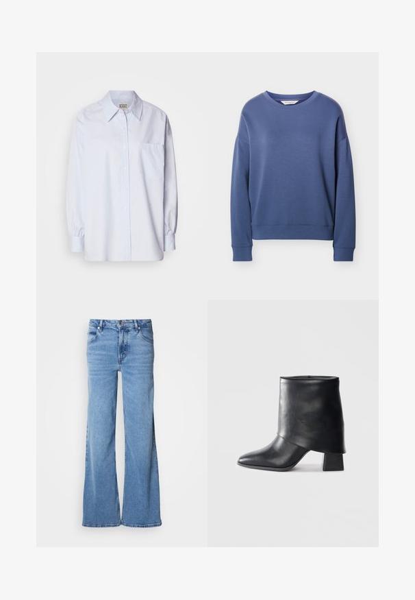 Blauwe lange mouwen trui met ronde hals en geribbelde boorden aan mouwen en zoom, afgebeeld op een effen lichtgrijze achtergrond.; Lichtblauw button-up shirt van katoen. Heeft een puntige kraag, lange mouwen en een enkele borstzak. Zachte textuur.; Lichtblauwe jeans met wijde pijpen, gemaakt van denim. Voorzien van een klassiek ontwerp met vijf zakken en een zichtbare knoopsluiting. Zachte textuur en een eenvoudige afwerking.; Zwarte leren enkellaars met een spitse neus, een zachte textuur en een gestructureerde blokhak. Kenmerkt zich door een hoge, gevouwen kraag.