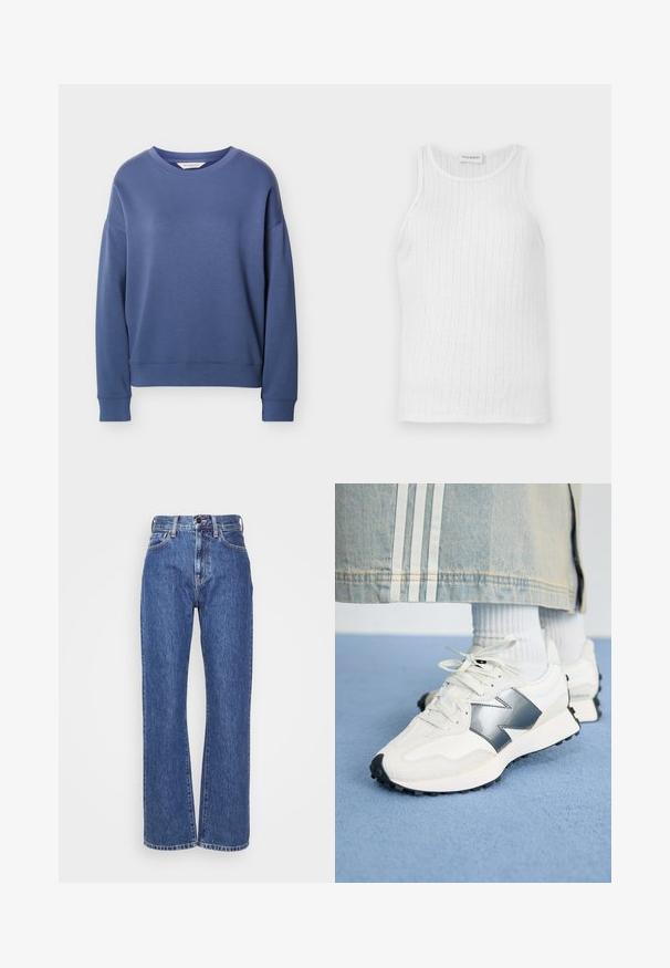 Blå langærmet sweatshirt med rund hals og ribstrikkede manchetter og kant, vist på en ensformig lys grå baggrund.; Hvid tanktop lavet af letvægtsstof, med ribbet struktur og rund halsudskæring. Simpelt design uden synlige mønstre eller detaljer.; Blå denim jeans med vide ben, høj talje, kontrastsyninger og klassisk fem-lomme design. Struktureret stof med en glat overflade.; Hvide sportsko med sølvdetaljer, tekstureret stof og glat læder; med en sort gummisål og snørebånd.