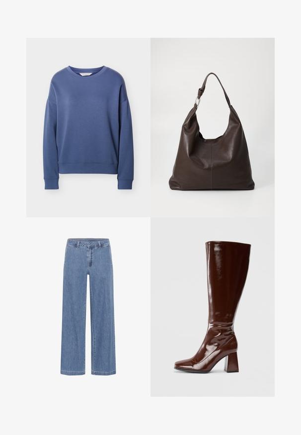 Blaues Sweatshirt mit langen Ärmeln und Rundhalsausschnitt, mit gerippten Bündchen und Saum, dargestellt vor einem schlichten hellgrauen Hintergrund.; My Essential Wardrobe MWSOFFI WIDE - Loose Jeans - medium blue wash; Knöchelhohe braune Lacklederstiefel mit quadratischer Spitze, glänzender Oberfläche und stabilen Blockabsätzen. Nahtloses Design ohne sichtbare Beschläge.; Zign LEATHER - Shopping Bag - chocolate brown