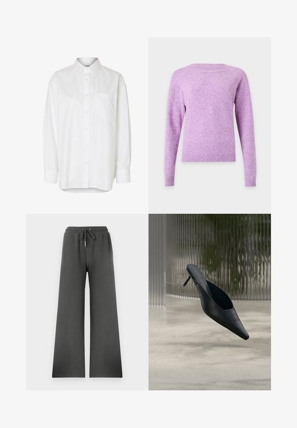 Blød lavendel langærmet sweater med rund halsudskæring og ribstrikkede manchetter og kant, vist bagfra på en ensfarvet lys baggrund.; Hvid langærmet skjorte med knapper, spids krave og brystlomme, vist mod en ensfarvet baggrund.; Grå brede bukser lavet af blødt stof, med en elastisk talje og snor, der giver en afslappet pasform og en glat tekstur.; Sort mule sko med spids tå og tynd høj hæl, der svæver over en glat beton gulv med en sløret baggrund med lodrette striber.