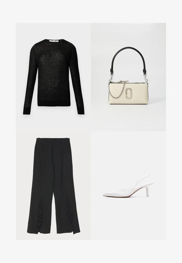 Sort langærmet sweater lavet af tyndt, tekstureret materiale. Har rund halsudskæring og tætsiddende ærmegab samt en glat kant ved taljen.; Sorte bukser med bred ben-design, der har flæseaccentuer ved sidesømmen og en flad talje. Glat stofstruktur, skræddersyet snit.; Hvid læder slingback damesko med spids tå, lav kittenhæl og lille dekorativ sløjfe på toppen, vist i sideprofil.; Cremefarvet håndtaske med sort håndtag, sølv kædedetalje og et fremtrædende logo på forsiden. Glat tekstur og lynlåslukning.