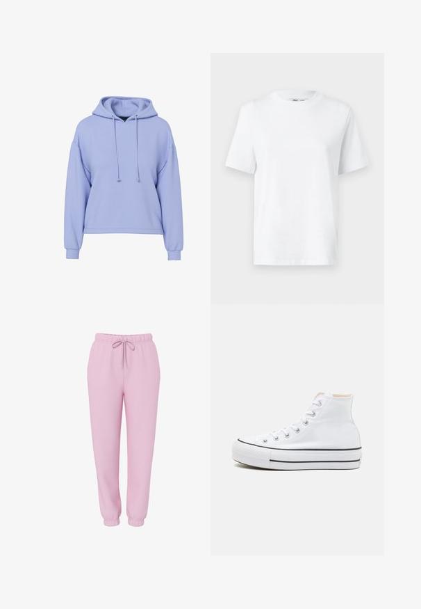 Lyse lilla cropped hoodie med lange ærmer, snore foran og ribbede manchetter på en hvid baggrund.; Hvid bomulds T-shirt med rund hals, kortærmet og en glat tekstur. Designet med en afslappet pasform for komfort og alsidighed.; Lyserøde joggers med elastisk linning, snørebånd, sidelommer og elastiske manchetter, vist på hvid baggrund.; Hvide høj-top sneakers lavet af kanvasmateriale, sort gummisål og kontrasterende sort stribe på mellemsålen. Rund tåhætte og snørebåndsdesign.