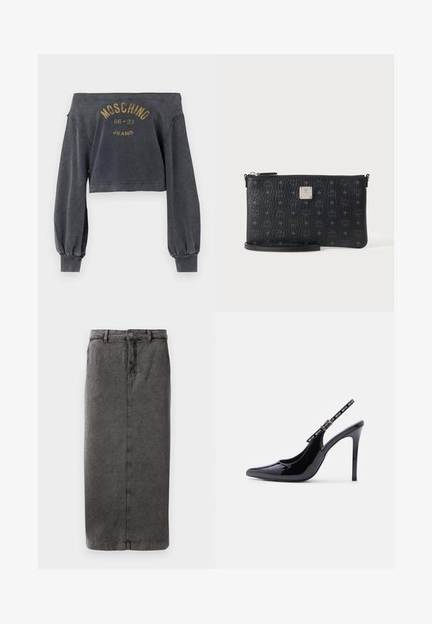 Off-shoulder cropped mørkegrå sweatshirt med lange ærmer og "Moschino 86 23 Jeans" trykt i falmet guld på fronten.; Grå, bomuldsblandet nederdel med en lige silhuet, knap- og lynlåslukning, bæltestropper og en enkelt baglomme.; Sort laklæder højhælet slingback-sko med spids tå og justerbar spænde med mærke på hvid baggrund.; Sort struktureret læderhåndledsclutch med subtilt monogrammønster og sølv logo plade centreret på en ren hvid baggrund.