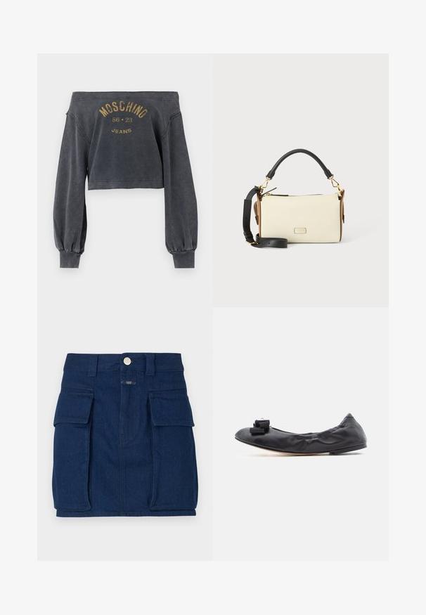 Tumehall toonitud õlgadeta lühike dressipluus pikkade varrukatega, mille esiküljel on kuldse tuhmunud värviga trükitud tekst "Moschino 86 23 Jeans".; Tume sinine teksaseelik, millel on kaks suurt esikotti, metallnupp ja sirge lõige. Kergelt tekstureeritud kangas.; Mustast nahast baleriinakinga, millel on kogutud pealiskülg, ümar ninakene ja dekoratiivne volditud lipsuaksent ninaosas. Lame tald.; Ristkülikukujuline kreemikarva käekott musta sangaga ja rihmaga, pruunide külgpanelide, kuldsete detailide ja väikese esilogoga, asetatud lihtsale valgele taustale.