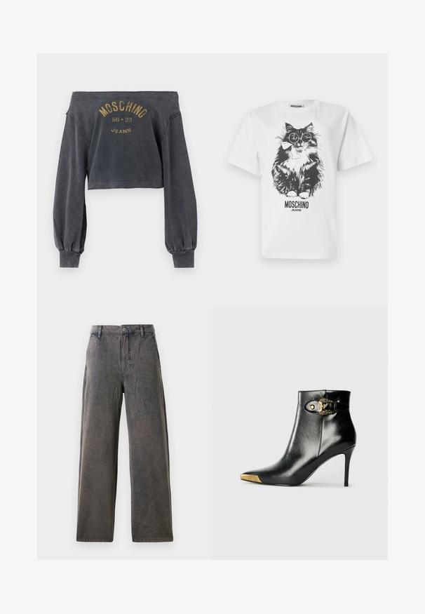 Krátka tmavosivá mikina s odhalenými ramenami, dlhými rukávmi a nápisom "Moschino 86 23 Jeans" v bledozlatej farbe na prednej strane.; Biele tričko s čiernym grafickým motívom nadýchané mačky so zaoblenými okuliarmi a mašľou, pod ktorou je nápis "MOSCHINO JEANS".; Široké nohavice v bledosivej látke, s gombíkovým zapínaním, pútkami na opasok a bočnými vreckami s jemnou textúrou.; Čierna členková čižma z lesklej kože s špicatou špičkou, ihličkovým podpätkom a zlatými ozdobami vrátane dekoratívnej prackovej detaily.