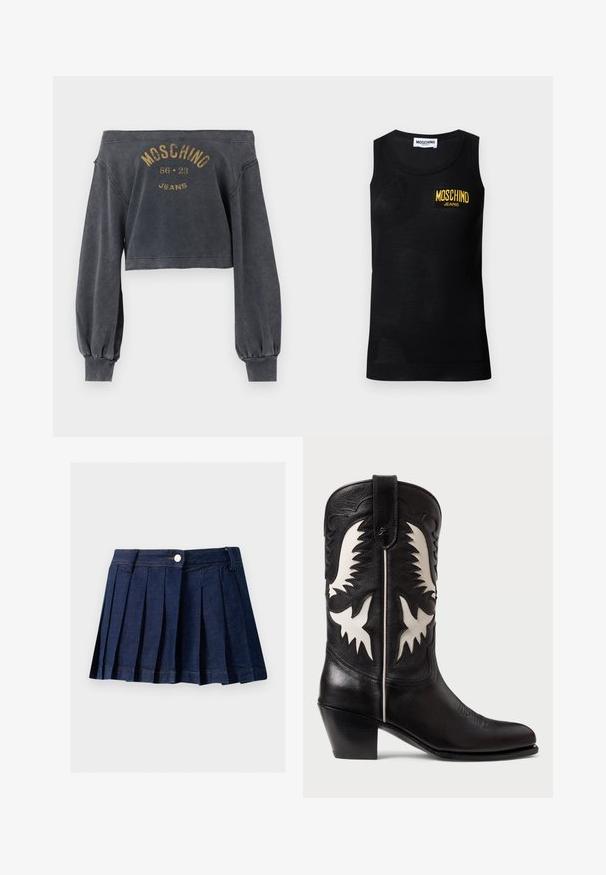 Olkapäät paljastava tummanharmaa lyhyt collegepaita pitkissä hihoissa, jossa on haalistuneella kullansävyllä "Moschino 86 23 Jeans" painettuna edessä.; Musta hihaton toppi, jossa on resorit reunoissa ja keltainen "Moschino Jeans" -logoplässi vasemmassa rinnassa.; Tumman denim-vaippa hame, jossa on tiukka vyötärö, napitus ja kontrastitikkaus. Hameessa on siistit poimut ja suora helma.; Mustat nahkasaappaat, joissa on valkoisia kulmikkaita yksityiskohtia, koristeellista ompelua, teräväkärkinen muoto ja matala pinottu korko.