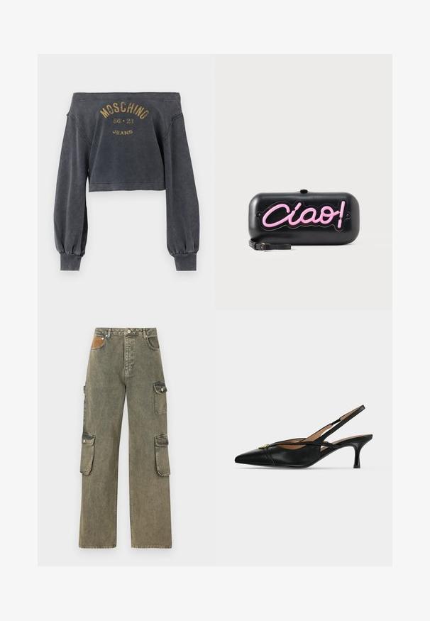 Sudadera corta de color gris oscuro con los hombros al descubierto, mangas largas y la inscripción "Moschino 86 23 Jeans" en dorado deslavado en el frente.; Pantalones cargo en denim verde grisáceo, con cintura alta, piernas anchas, dos bolsillos cargo laterales y un parche texturizado beige en la parte frontal.; Zapato slingback de cuero negro con punta puntiaguda, tacón bajo tipo kitten y detalle de hebilla dorada en el frente.; Bolso clutch rectangular negro con letras rosas estilo neón que dicen "Ciao!" y una pequeña correa negra para la muñeca sobre un fondo blanco.