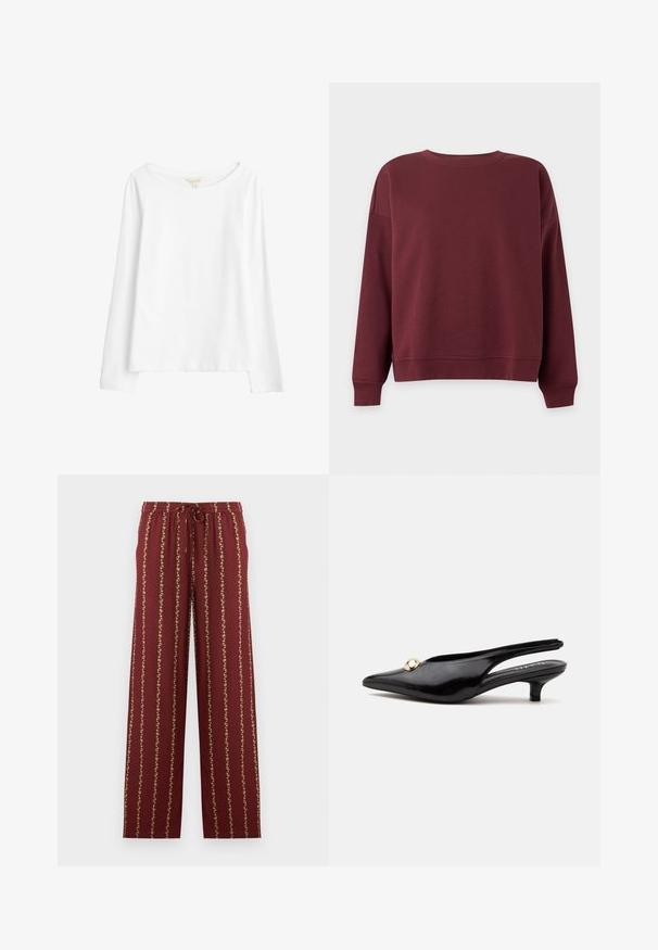 Bordeauxrode sweater met lange mouwen en ronde hals met geribde boorden en zoom op een eenvoudige lichte achtergrond.; Seasalt Cornwall Longsleeve - white salt; Bordeaux broek met trekkoord, verticale gele bloemenstrepen, elastische tailleband en rechte pijp op een witte achtergrond.; Zwarte lakleren slingback kitten heel met een spitse neus en een klein gouden rond ornament bovenop.