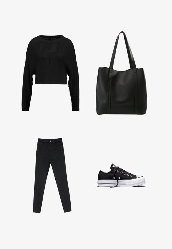 Sort kortærmet strikket sweater med løs pasform, bred udskæring og lange ærmer, der har et struktureret ribbet mønster hele vejen igennem.; Sorte skinny jeans lavet af denim, med høj talje, fem-lomme design og rå kant ved anklerne. Klassisk knap- og lynlåslukning.; Sort lavt sneakers i lærred med hvid sål i gummi, sorte snørebånd og metaløjer på hvid baggrund.; Sort læder tote bag med to lange håndtag, der har et minimalistisk design, glat tekstur og lodrette sømme på fronten.