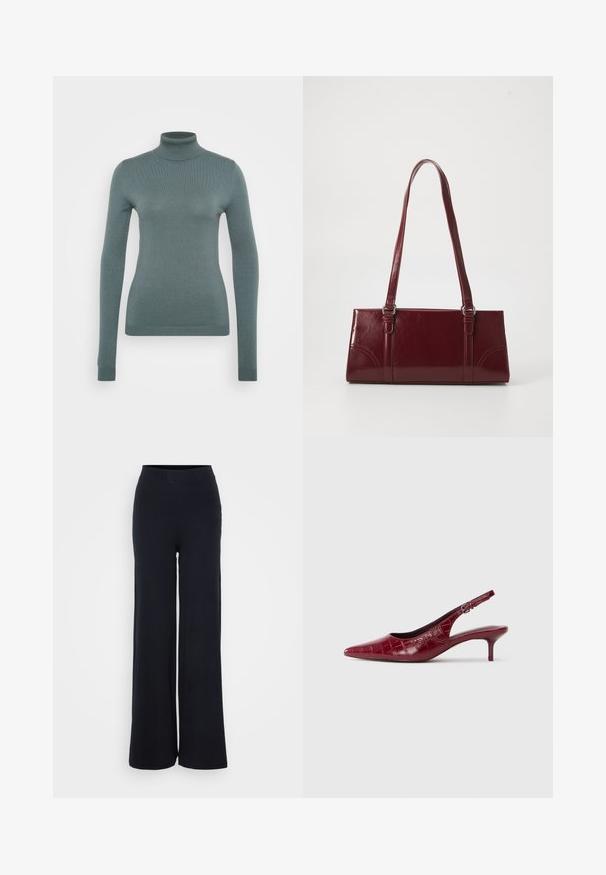 Langærmet turtleneck sweater i en dæmpet teal-farve, lavet af ribbet stof, med en tætsiddende silhuet og strækbar tekstur.; Sorte ribbede bukser med bred benvidde, struktureret finish og elastisk talje, som har en afslappet pasform og ingen synlig hardware.; Bordeaux læder slingback pumpe med krokodillestruktur, spidse tæer, justerbar spænde rem og lav kitten hæl på en hvid baggrund.; Bordeaux håndtaske lavet af glansfuldt materiale, rektangulær form, med to skulderremme og subtile buede detaljer på forsiden.