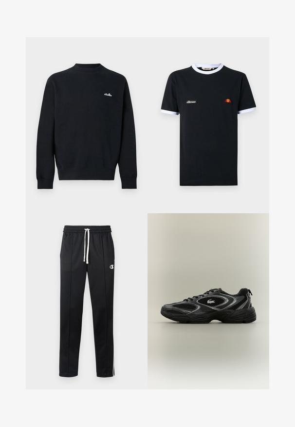 Sort langærmet crewneck-sweatshirt med lille hvidt "ellesse"-logo på venstre bryst, ribkant ved ærmer, halsudskæring og kant.; Sort t-shirt med korte ærmer med hvid kant på krave og ærmer, med et lille "ellesse" logo-patch og en halvcirkelformet orange og rød emblemlogo.; Sorte atletiske bukser med hvid snor, sidelister, frontlommer og et lille hvidt Champion-logo på venstre lår.; Sort og grå atletisk sneaker med mesh-paneler, snørebåndsdesign, tyk sål og et lille krokodillelogo på siden.