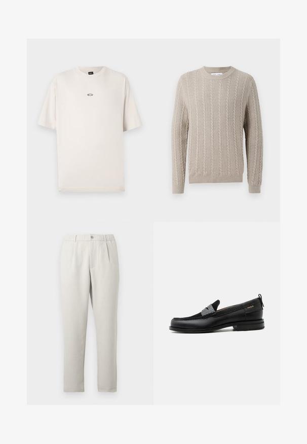 Beige strikket sweater med en ribbet tekstur, der har en rund hals og lange ærmer. Designet inkluderer cable knit-mønstre overalt.; Oakley RISE TEE - T-shirts basic - mist; Lyse beige bukser med løs pasform og let skær, med elastisk talje, forlommer og et taperet ben design.; Sort læderloafer med grå remdetalje, lav hæl og tekstureret sål, mærket med "HUGO" i guld på siden.