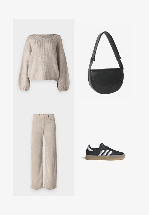 Suéter de punto beige con un amplio escote en V, mangas largas tipo globo y un bajo corto. La textura es gruesa y suave, con un diseño simple.; Pantalones de pana anchos beige con rayas verticales, con cierre de botón y bolsillos frontales. Tejido suave y texturizado con un ajuste relajado.; Zapatilla deportiva de cuero negro con tres rayas plateadas, punta texturizada y suela de goma. Cuenta con un collar acolchado y un diseño con cordones.; Bolso bandolera de cuero negro en forma de media luna con correa ajustable y cierre con solapa sobre fondo blanco.