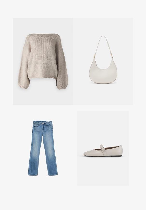 Beige strikket sweater med bred V-udskæring, lange ballonærmer og en cropped kant. Teksturen er chunky og blød, med et enkelt design.; Lysblå denim jeans med klassisk fem-lomme design, knap- og lynlåslukning samt lige pasform.; Beige læder Mary Jane flad sko med spids tå, ankelrem og en sølvspænde detalje, der har en lav sort hæl.; Cremefarvet læder skuldertaske med en halvmåneform, tynd rem og diskrete syninger. Minimalistisk design med hardware-accenter i guldton.