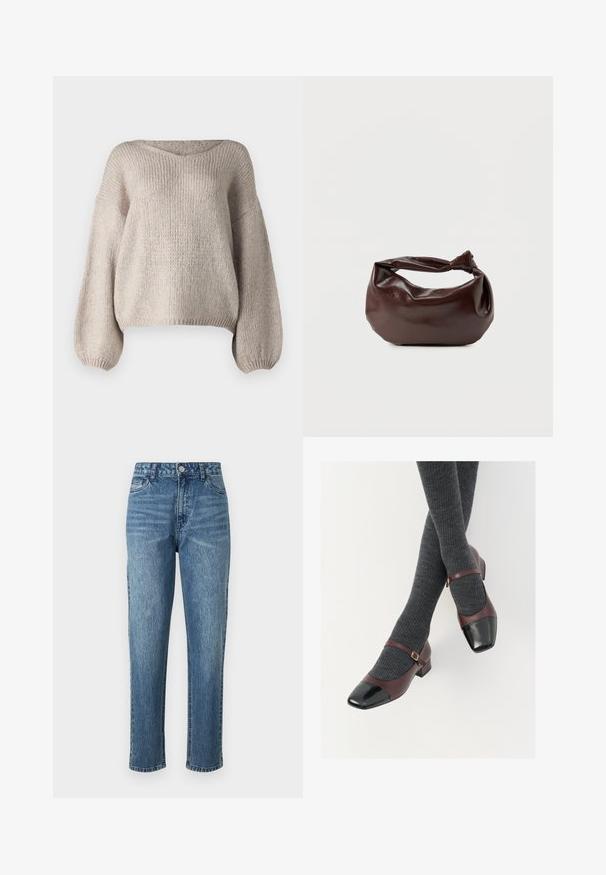 Beige gebreide trui met een brede V-hals, lange ballonmouwen en een cropped zoom. De textuur is chunky en zacht, met een eenvoudig ontwerp.; Blauwe denim jeans met een recht silhouet, vijf zakken en een sluiting met een voorste knoop. Licht gewassen met subtiele vervaging en een gestructureerd oppervlak.; Bordeaux leren Mary Jane-schoenen met een zwarte laktoecap en dunne enkelband; gedragen met donkergrijze geribde sokken. Lage blokhak.; Donkerbruine leren schoudertas met een zachte, slungelige vorm en een gedraaide knoopvormige handgreep op een effen witte achtergrond.