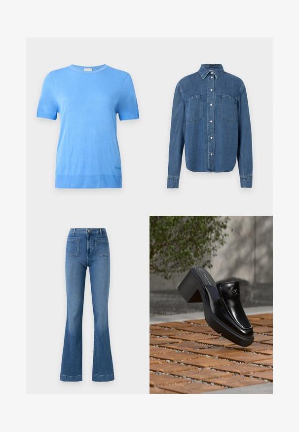 Calvin Klein Svetrík - blue twilight; Modrá rifľová košeľa s golierom, dlhými rukávmi, dvoma náprsními vreckami a zapínaním na gombíky. Má mierne zaoblený spodný okraj a textúrovanú látku.; Modré rozšírené džínsy vyrobené z denimu s stredným pásom, obsahujúce dve zadné vrecká a čistý lem. Hladká textúra a klasický dizajn.; Čierne kožené šľapky Calvin Klein s blokovým podpätkom, ktoré oddychujú na drevených dlaždiciach vonku blízko zelenej rastliny a šedej steny.