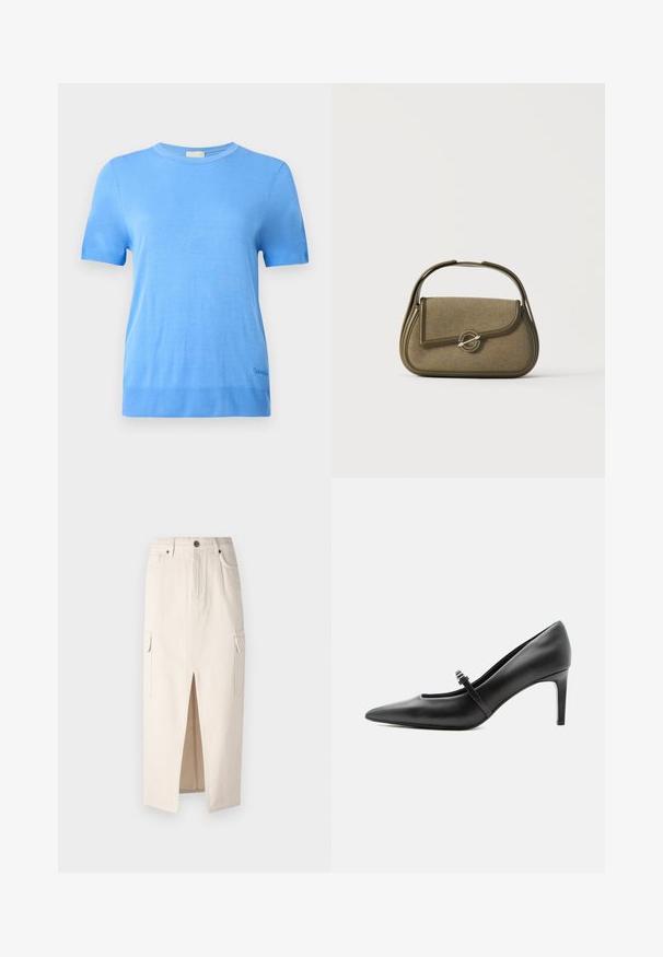 Calvin Klein Svetrík - blue twilight; Béžová džínsová midi sukňa s predným rozparkom, dvoma bočnými vreckami a vysokým pásom. Obsahuje zapínanie na gombík a jemnú textúru.; Čierna kožená lodička s špicatou špičkou, tenkým remienkom a prackou cez priehlavok, stojaca na neutrálno svetlom pozadí.; Malá olivovo zelená kabelka zaoblenými hranami, horným držadlom a klopovým zapínaním zabezpečeným kruhovou kovovou sponou.