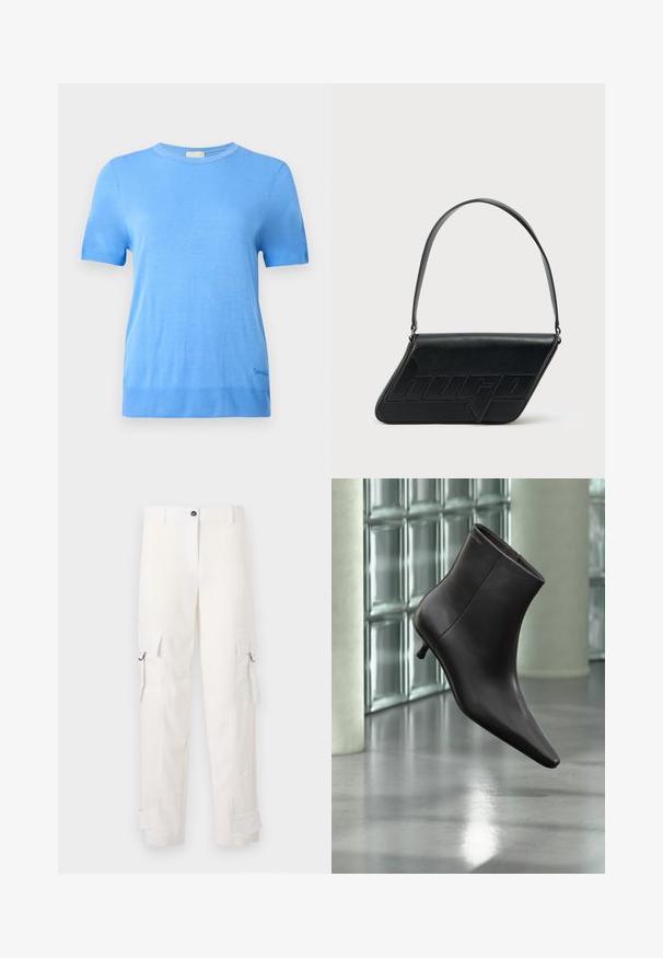 Calvin Klein Džemper - blue twilight; Valged puuvillased cargo püksid, millel on küljetaskud, vöörihmad ja üleskeeratud pitsid. Disain sisaldab sirget lõiget ja nööbiligatsiooni.; Mustast nahast pahkluu saabas terava varbaotsaga ja väikese kontsaga, esitletud klaasplokkidest seina ja poleeritud põranda taustal.; Mustast nahast kolmnurkse kujuga õlakott, reljeefse logoga ja ühe reguleeritava rihmaga. Minimalistlik disain ja sile tekstuur.