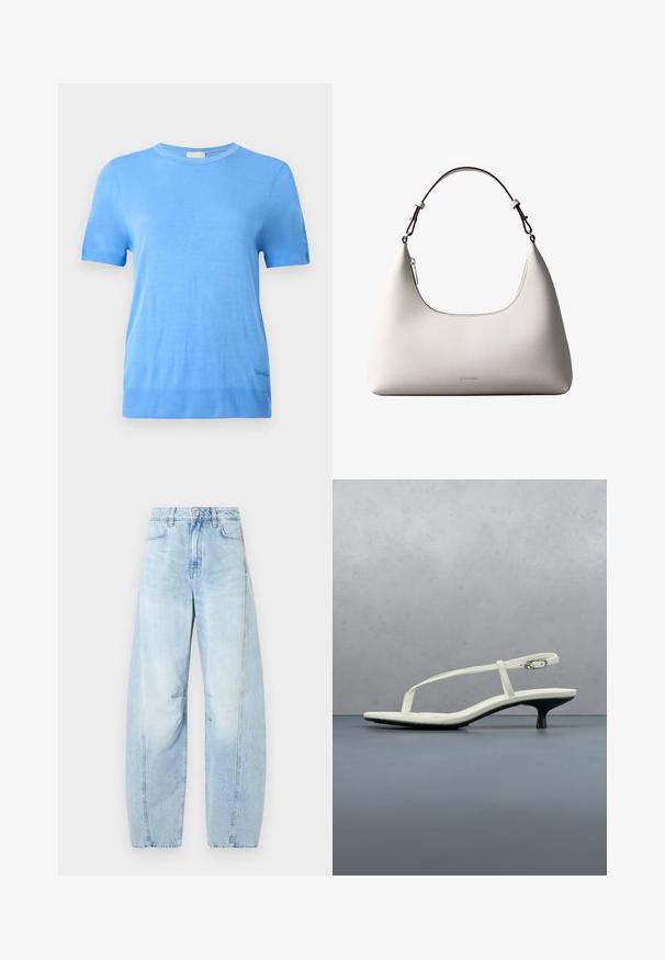 Calvin Klein Džemper - blue twilight; Heledsinine denimpükste lai jalg, kõrge vöökoht, nööbiga kinnitamine, eesmine taskud ja hõrk tuhmumine.; Valge rihmadega kitten-kontsaga sandaal, millel on terav ninaosa, hõljumas puidust plaatpõranda kohal õues, taustal hägune taim ja sein.; Kreemjagu Calvin Kleini nahast õlakott kõverdatud ülaäärtega, hõbedase tõmblukuga ja tumepruuni reguleeritava rihmaga.