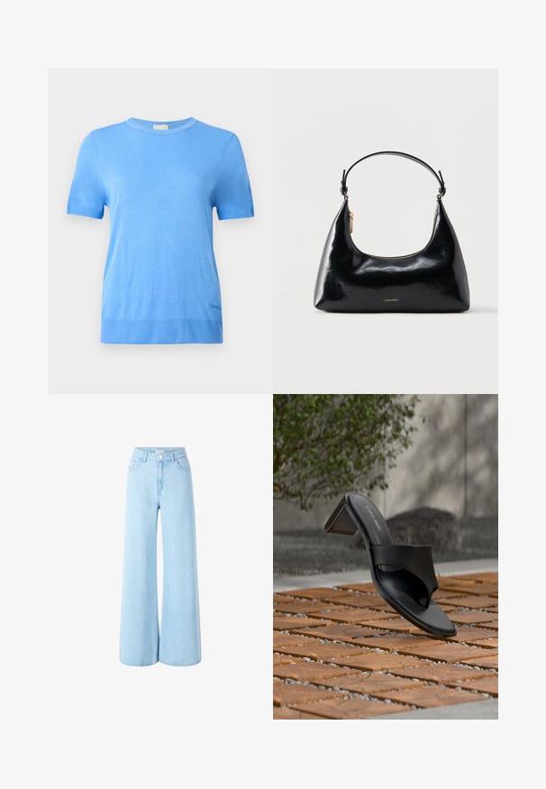 Calvin Klein Svetrík - blue twilight; Svetlomodré široké džínsy s vysokým pásom, prednými vreckami a jedným gombíkom na zapínanie. Hladká štruktúra s rovnomerným praním.; Čierna sandála Calvin Klein na podpätku s prstovou slučkou na drevenej dlažbe vonku pri strome a kamennom múre.; Čierna lesklá kabelka Calvin Klein so zlatým zipsom a krátkym remienkom na bielom pozadí.