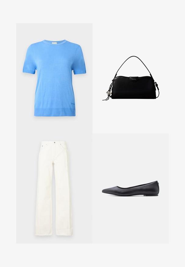 Calvin Klein Jersey de punto - blue twilight; Vaqueros blancos de pernera ancha, fabricados en denim, con bordes deshilachados a lo largo de los lados, bolsillos delanteros y un cierre clásico de botón y cremallera.; Zapato plano de cuero negro con punta puntiaguda y tacón bajo, mostrado de perfil contra un fondo blanco.; Bolso rectangular negro de Calvin Klein con una única correa superior, dije con el logo plateado y un pequeño cierre de solapa en la parte frontal.