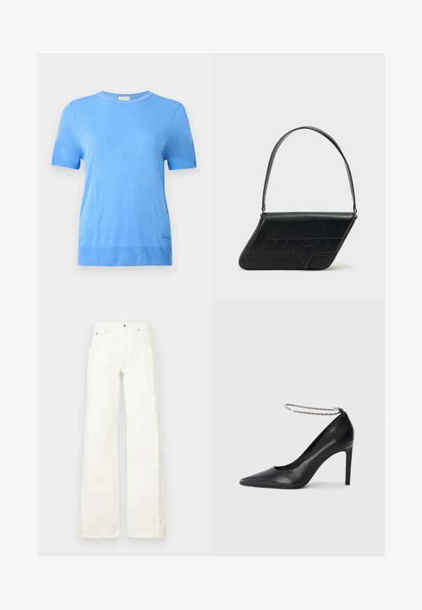 Calvin Klein Svetrík - blue twilight; Biele široké džínsy vyrobené z denimu, so strapatými okrajmi po stranách, prednými vreckami a klasickým zapínaním na gombík a zips.; Čierne kožené lodičky na vysokom opätku s špicatou špičkou, s tenkým strieborným remienkom okolo členku a hladkým, elegantným povrchom.; Čierna kožená taška cez rameno v trojuholníkovom tvare, s vyrazeným logom a jedným nastaviteľným pásikom. Minimalistický dizajn s hladkou textúrou.