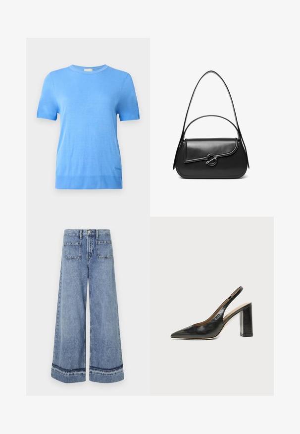Calvin Klein Striktrøje - blue twilight; Lysblå denim brede bukser med høj talje, to baglommer og kontrasterende syninger langs kanten.; Sort læder peep-toe slingback sko med høj blokhæl og beige indvendig foring mod en ensfarvet lys baggrund.; Sort skuldertaske i læder med en buet klap, der er fastgjort med en rund metal spænde, og en slank, justerbar rem.