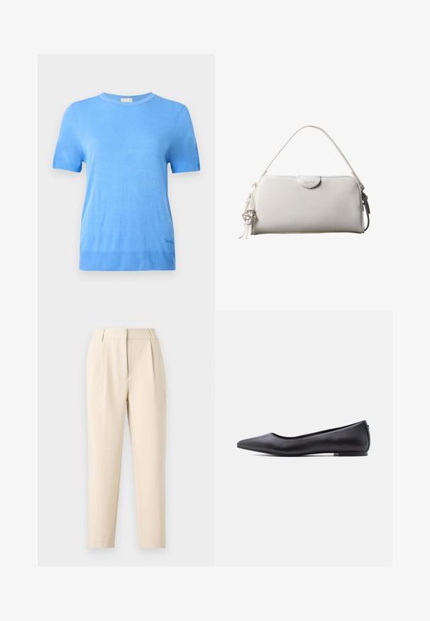 Calvin Klein Jersey de punto - blue twilight; Pantalones beige a medida con corte recto, que presentan pliegues en la parte delantera y un acabado suave. La tela parece ligera y texturizada.; Zapato plano de cuero negro con punta puntiaguda y tacón bajo, mostrado de perfil contra un fondo blanco.; Bolso rectangular blanco de Calvin Klein con un solo asa, diseño minimalista y borlas decorativas con un charm metálico geométrico en el lateral.