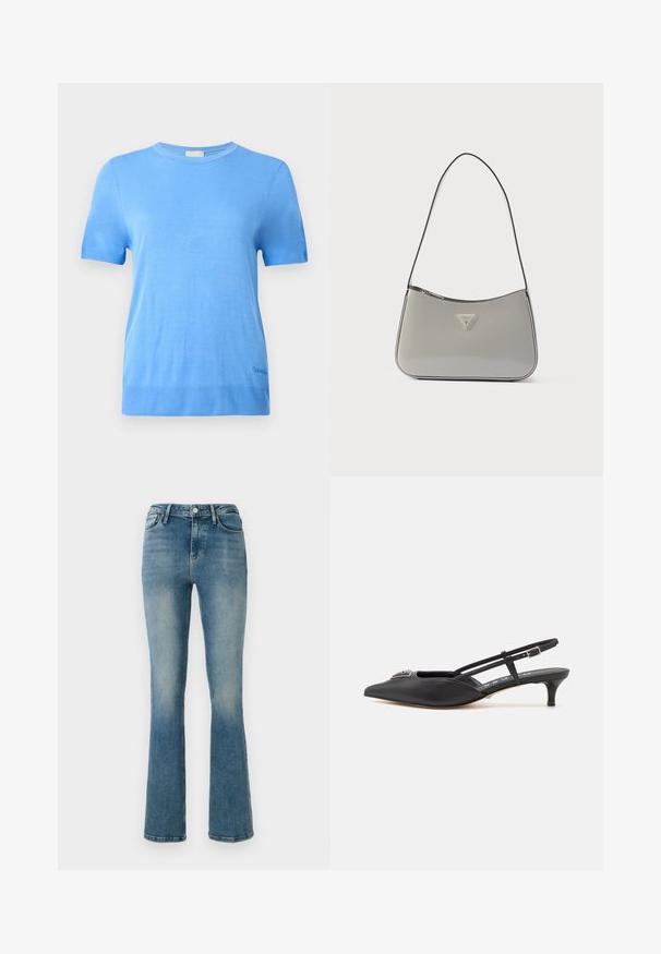 Calvin Klein Striktrøje - blue twilight; Lys blå denim flared jeans med fem lommer, høj talje og sy detaljer. Stoffet viser en let falmet vask og en glat tekstur.; Sorte slingback-sko med spids tå, lavet af glat materiale, med en lille hæl og en dekorativ sølvaccent på vamps.; Grå skuldertaske i laklæder med en buet form, sort kant og en sølvfarvet logoplade foran. Justerbar rem for alsidig brug.