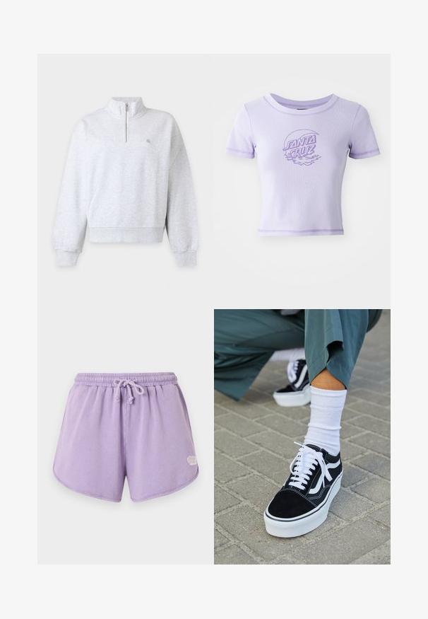 Sweat-shirt gris clair à manches longues avec demi-fermeture éclair et col montant, poignets et ourlet côtelés, design uni avec petit logo sur la poitrine.; T-shirt ajusté violet avec des manches courtes, un col rond et des coutures contrastées. Présente un design graphique "SANTA CRUZ" sur le devant.; Shorts en éponge lilas doux avec taille élastique et cordon de serrage, ourlet arrondi, et petit logo blanc sur le côté inférieur droit.; Baskets en suède noir avec des accents et des lacets blancs, présentant une épaisse semelle blanche et des coutures contrastantes, associées à une chaussette blanche.
