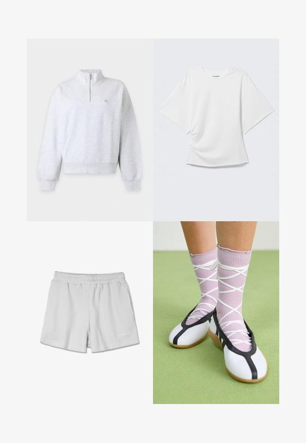 Hellgrauer Langarm-Sweatshirt mit halbem Reißverschluss und hohem Kragen, gerippte Bündchen und Saum, schlichtes Design mit kleinem Logo auf der Brust.; Weißes kurzärmeliges Oversized T-Shirt mit Rundhalsausschnitt, dargestellt vor hellem grauem Hintergrund.; Hellgraue gerippte Shorts mit elastischem Bund, ausgestattet mit zwei Seitentaschen und einem kleinen weißen Logo unten rechts.; Beine mit gerippten lavendelfarbenen Socken mit weißen überkreuzten Riemen, kombiniert mit weißen Ballettschuhen mit schwarzem Rand auf grünem Boden.