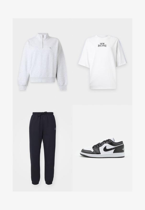 Hellgrauer Langarm-Sweatshirt mit halbem Reißverschluss und hohem Kragen, gerippte Bündchen und Saum, schlichtes Design mit kleinem Logo auf der Brust.; Weißes Baumwoll-T-Shirt mit Rundhalsausschnitt, weiter Passform und kurzen Ärmeln. In der Mitte befindet sich ein schwarzes "NEW BALANCE"-Logo. Schlichtes Design.; Marineblaue Jogginghose aus weichem Stoff, mit elastischem Bund und Zugband, taillierten Beinen und einem kleinen weißen Logo auf der Vorderseite.; Schwarz-weiße Nike Low-Top-Sneaker verfügen über ein glattes Leder-Obermaterial, eine runde Zehenpartie, eine Schnürung und eine gemusterte Gummisohle.
