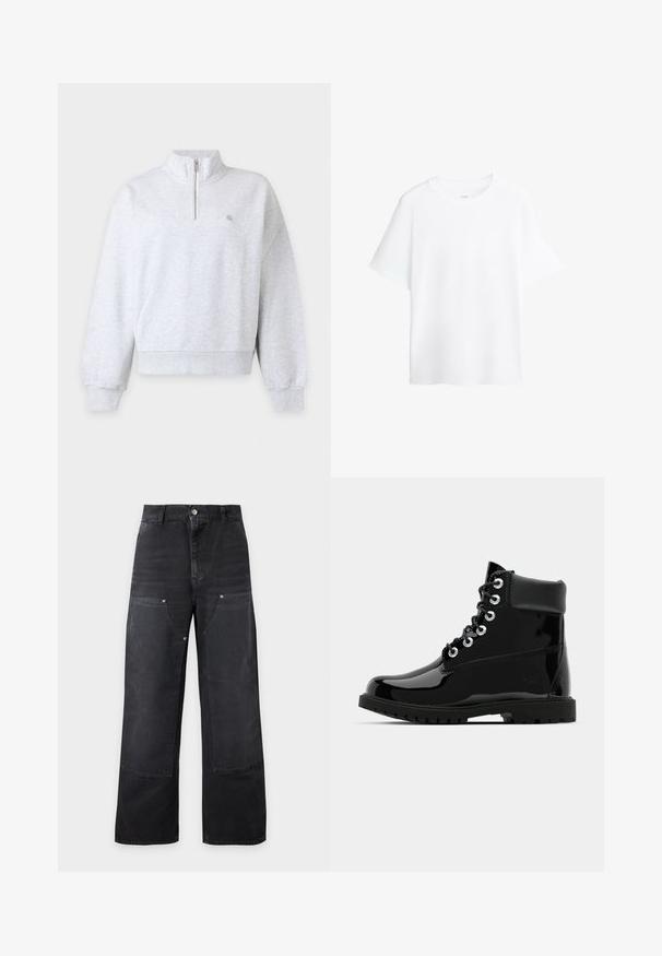 Sweat-shirt gris clair à manches longues avec demi-fermeture éclair et col montant, poignets et ourlet côtelés, design uni avec petit logo sur la poitrine.; T-shirt blanc uni à manches courtes et col rond, coupe décontractée, présenté sur un fond blanc.; Pantalon noir ample avec grandes pièces renforcées à l'avant, passants pour ceinture, fermeture par boutons et poches latérales sur un fond clair uni.; Bottes noires brillantes à la cheville avec une finition en cuir verni lisse, bout rond, laçage à six œillets et semelle en caoutchouc robuste.