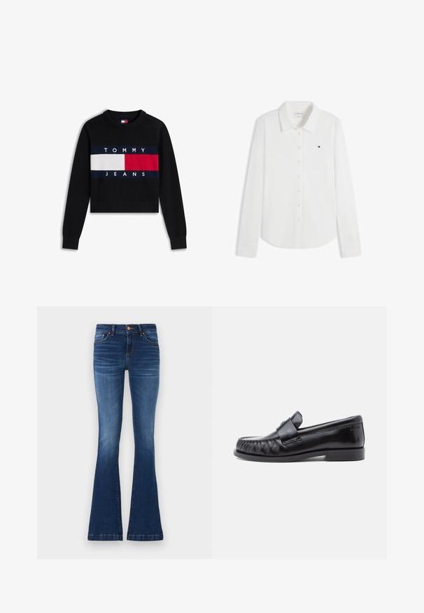 Musta pitkähihainen pyöreäkauluksinen neule, jossa Tommy Jeans -logo ja valkoisia ja punaisia suorakaiteen muotoisia värilohkoja rinnassa.; Valkoinen pitkähihainen nappikauluspaita, jossa on pieni Tommy Hilfiger -logo vasemmassa rinnassa.; Farkut, joissa on levenevät lahkeet, valmistettu denimistä, keskimittaisella vyötäröllä, viisi taskua sekä erottuva ommel saumoissa.; Mustat nahkaiset loaferit, joissa on pyöreä kärki, erottuva ompelu ja koristeellinen remmi päälliosan yli. Sileä pinta ja matala korko.