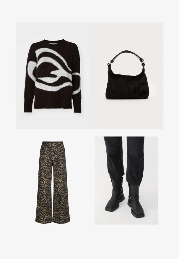 Suéter de tonos marrón y blanco con un diseño abstracto fluido, hecho de una tela suave, con un cuello redondo y mangas largas.; Pantalones de pierna ancha con un estampado integral de leopardo marrón y negro y cierre frontal con botones y cremallera.; Botas negras de cuero hasta el tobillo con puntera cuadrada, que presentan una tira ancha y un detalle de hebilla de metal. Las botas tienen una suela gruesa y una textura suave.; Bolso de mano de piel sintética negra con una textura suave, forma redondeada y una resistente correa de cuero negro para el hombro. Acentos de herrajes plateados visibles.