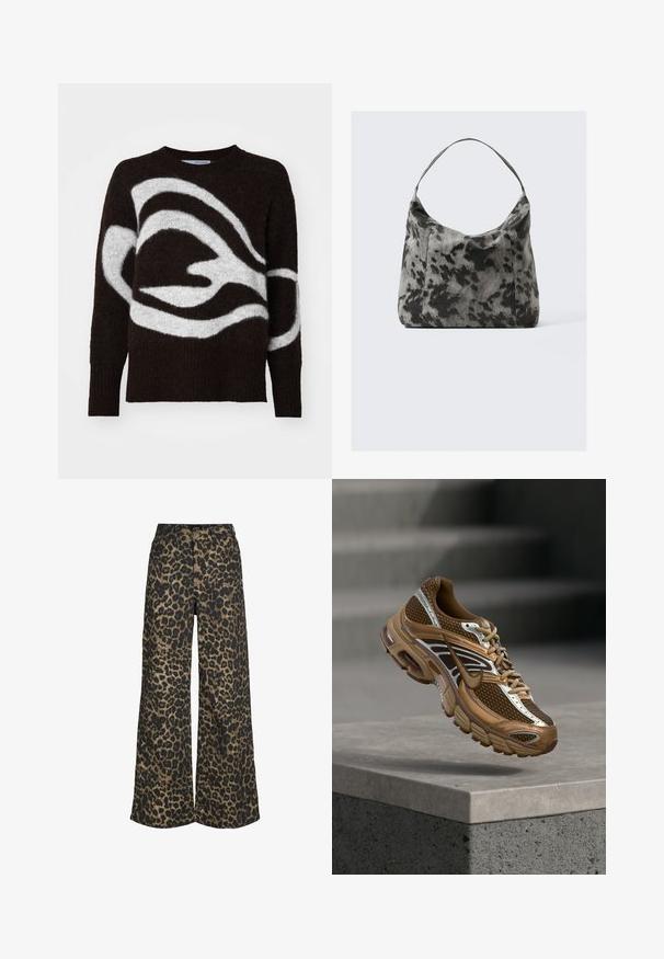 Pull en tricot à motifs marron et blanc, fabriqué en tissu doux, avec un col rond et des manches longues portant un design abstrait fluide.; Pantalon à jambes larges avec un imprimé léopard marron et noir sur toute la surface, fermeture à l'avant par boutons et zip.; Baskets Nike marron et beige avec mesh et détails réfléchissants flottant au-dessus d'un rebord en béton sur un fond gris flou.; Sac en tissu noir et gris à pois avec une silhouette courbée, une seule poignée et une texture douce, offrant un design décontracté et spacieux.