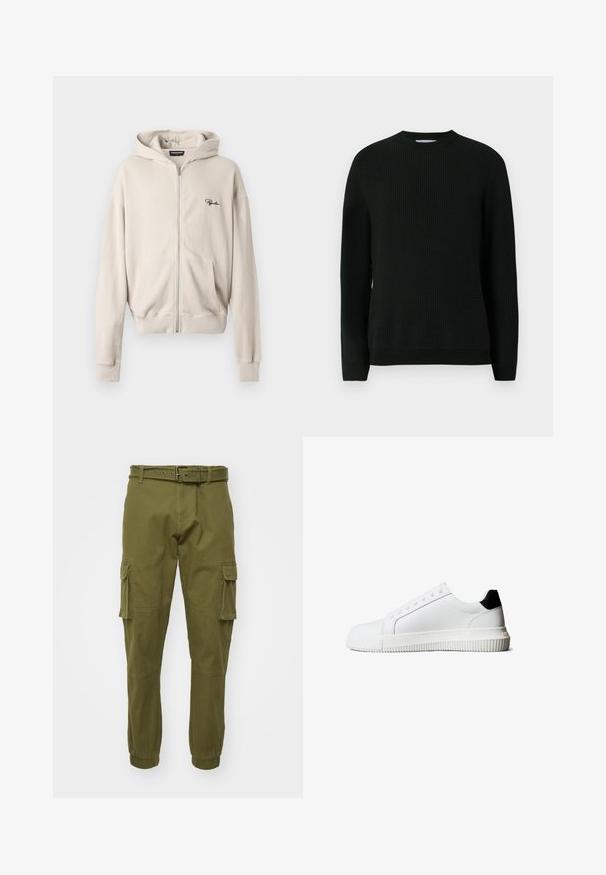 Neulemusteen musta villapaita, pyöreä pääntie, teksturoitu kangas, pitkät hihat, ribbauskärjet ja helma, minimalistinen muotoilu, ei lisäkuvioita tai yksityiskohtia.; Beige vetoketjuhuppari ribbikudoksesta, jossa on etutasku, pehmeä tekstuuri ja pieni musta logo vasemmassa rinnassa.; Oliivinvihreät cargo-housut, jotka on valmistettu puuvillasta. Housuissa on vyötäröllä vyö, sivutaskut, joustavat hihnat ja suorat lahkeet.; Valkoiset nahkakengät, joissa musta kantakoriste, litteät nauhat, pyöreä kärki ja uritettu kumipohja pidon takaamiseksi.